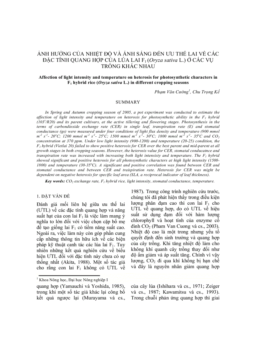 Ảnh hưởng của nhiệt độ và ánh sáng đến ưu thế lai về các đặc tính quang hợp của lúa lai F1 ở các vụ trồng khác nhau