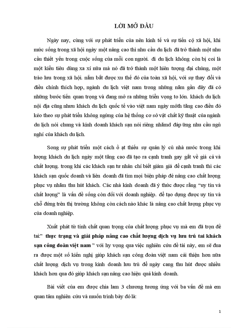 Thực trạng và giải pháp nâng cao chất lượng dịch vụ lưu trú tai khách sạn công đoàn việt nam