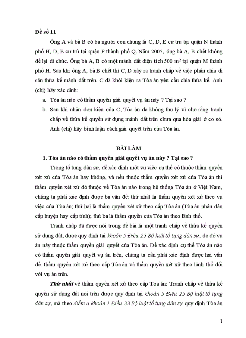 Cá nhân Tố tụng dân sự K33 đề số 11