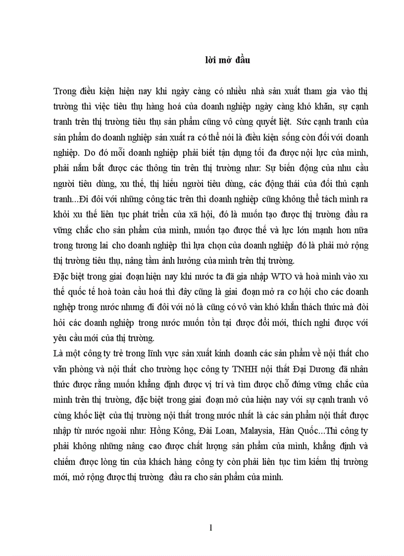 Thực trạng công tác mở rộng thị trường tiêu thụ sản phẩm của công ty TNHH nội thất Đại Dương