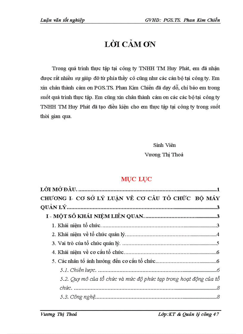 Một số giải pháp nhằm hoàn thiện cơ cấu tổ chức quản lý cho công ty TNHH thương mại Huy Phát