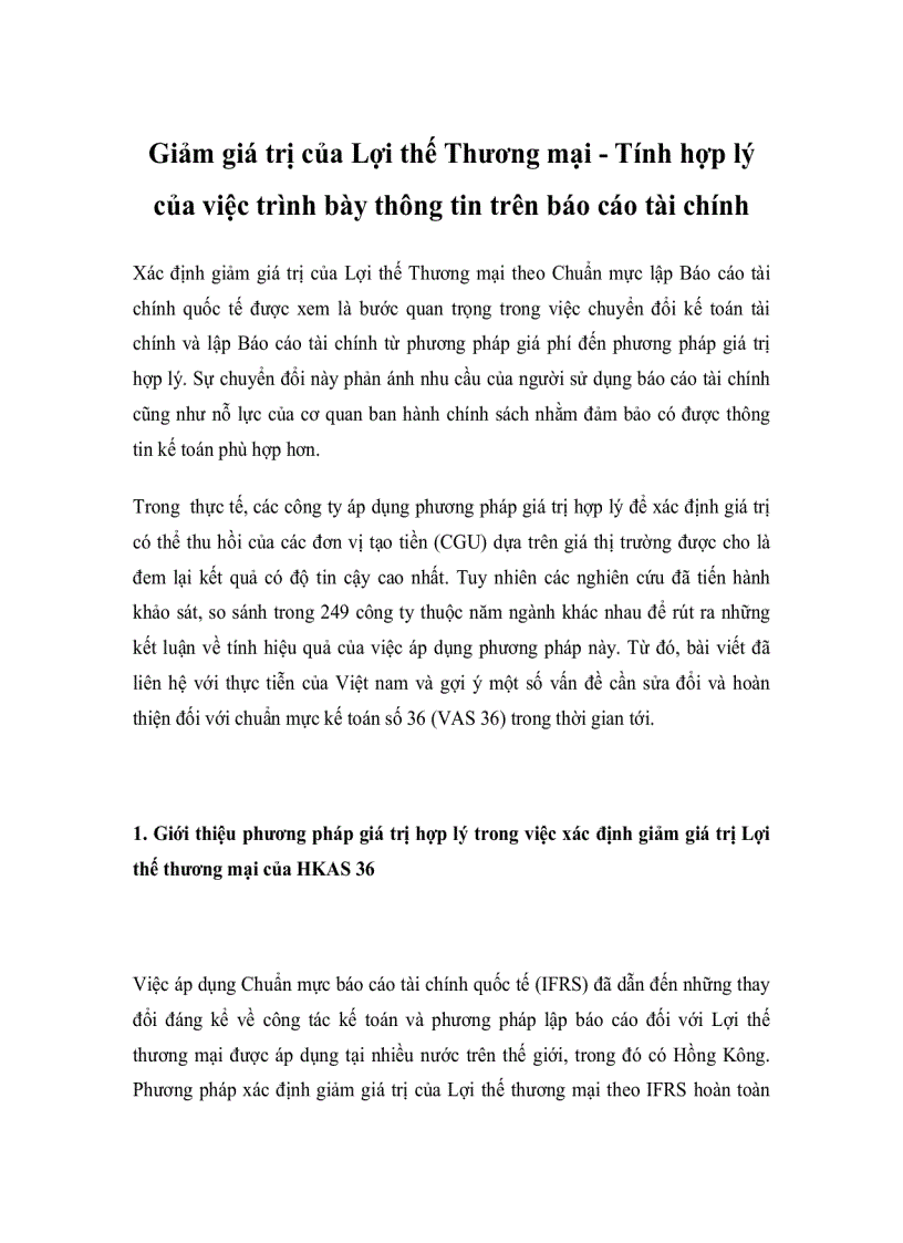 Giảm giá trị của Lợi thế Thương mại Tính hợp lý của việc trình bày thông tin trên báo cáo tài chính