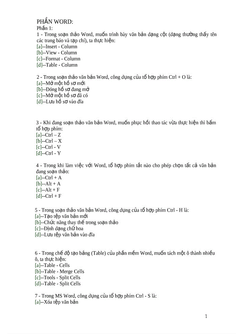 Các câu trắc nghiệm về word và excel có đáp án 1