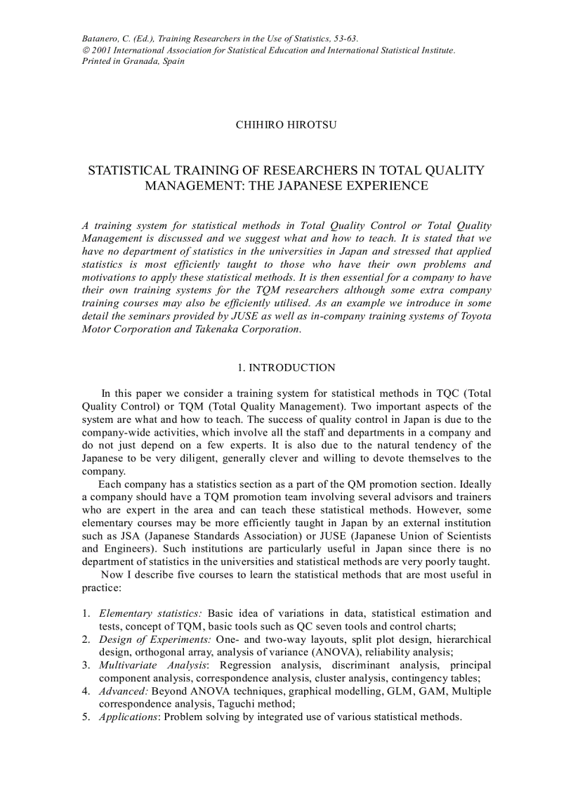 Statistical training of researchers in total quality management The japanese experience