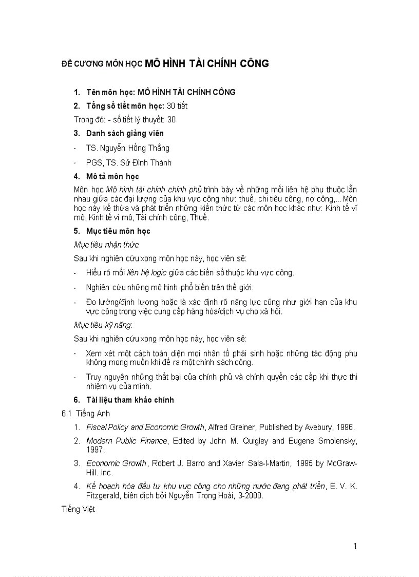 Tài liệu Mô hình tài chính công của PGS TS Sử Đình Thành và TS Nguyễn Hồng Thắn