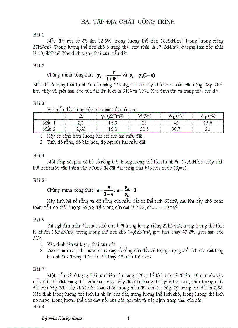 Bài tập địa chất công trình