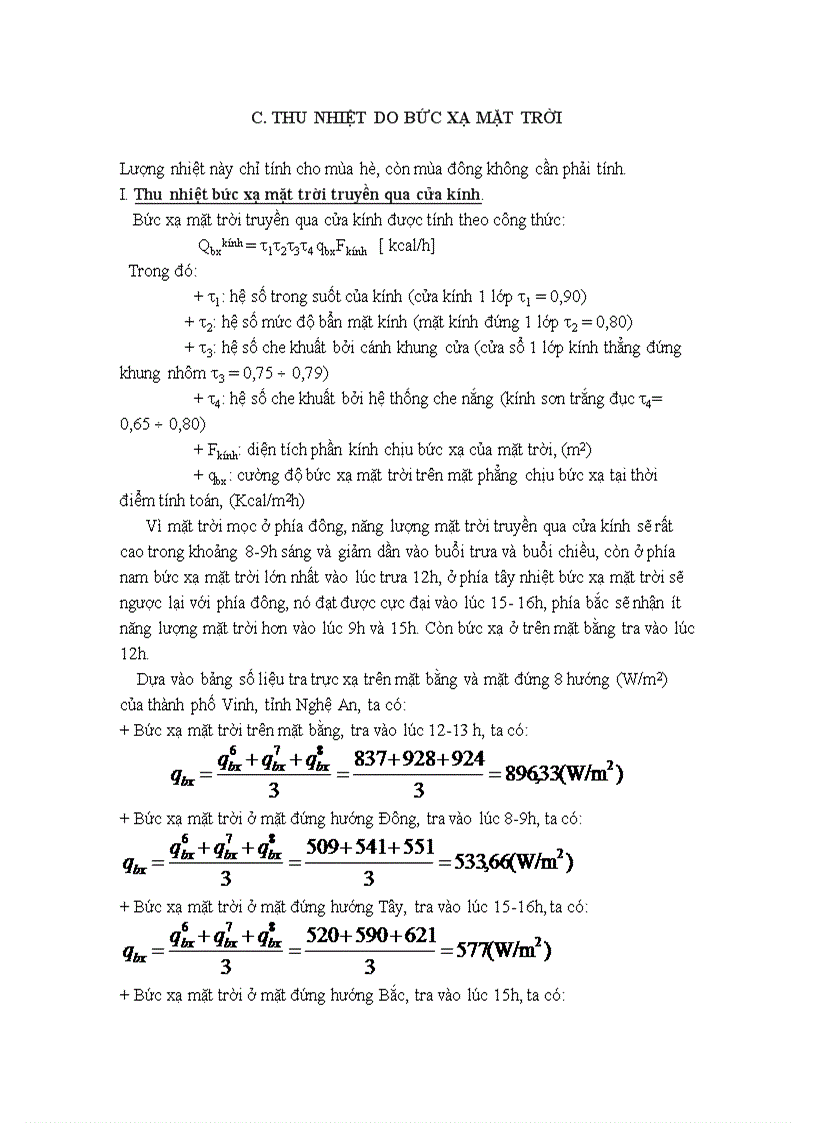 Tính toán thông gió Thu nhiệt do bức xạ mặt trời