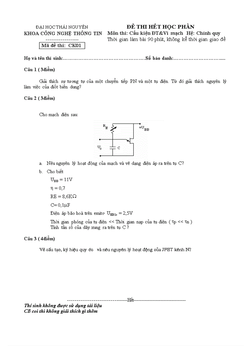 Đề thi Cấu kiên điện tử và Vi mạch