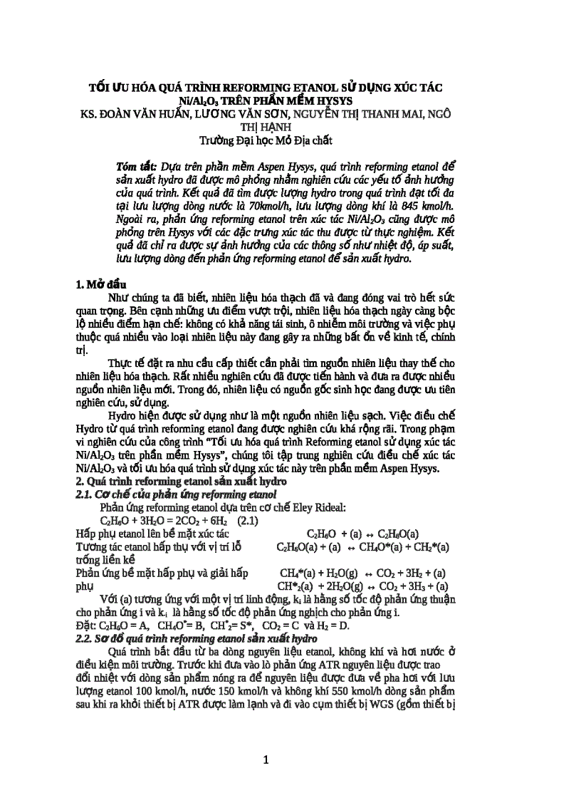 Tối ưu hóa quá trình reforming etanol sử dụng xúc tác NiAl2O3 trên phần mềm HYSYS