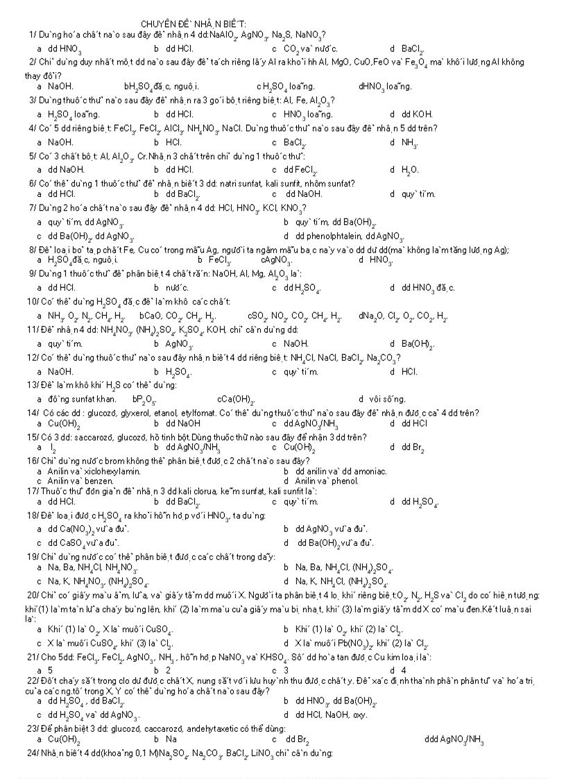 Chuyên đề hóa học 1 1 nhận biết hóa học vô cơ 1