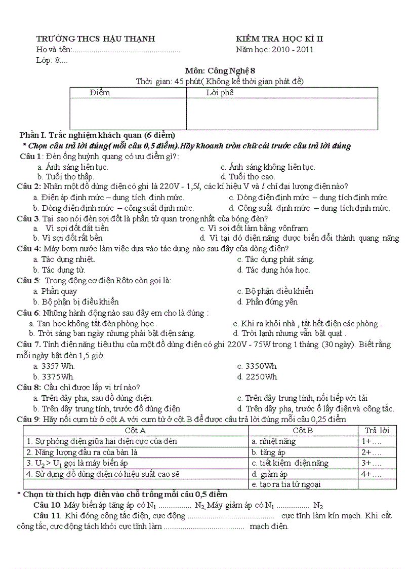 KIỂM TRA HỌC KÌ II Năm học 2010 2011 Môn Công Nghệ 8 1