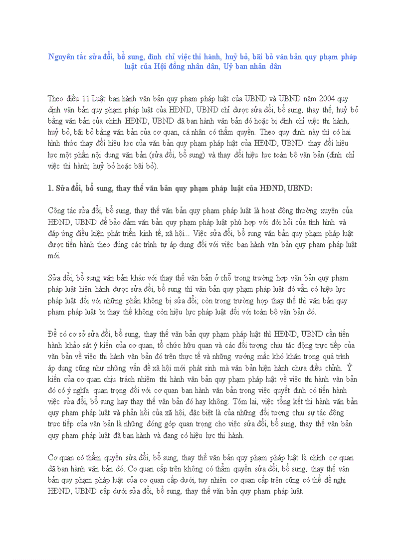Nguyên tắc sửa đổi bổ sung đình chỉ việc thi hành huỷ bỏ bãi bỏ văn bản quy phạm pháp luật của Hội đồng nhân dân Uỷ ban nhân dân