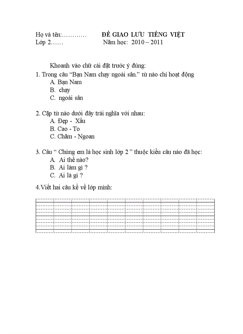 ĐỀ GIAO LƯU TIẾNG VIỆT Lớp 2 Năm học 2010 2011