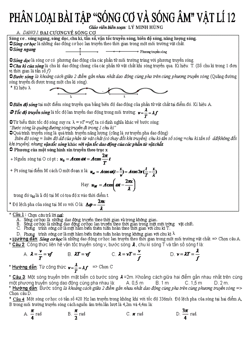 Phân loại bài tập phàn sóng cơ và sóng âm vật lý lớp 12