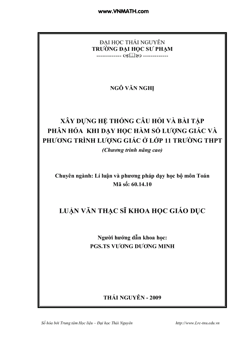 Luận Văn Thạc sĩ Toán bài tập phân hóa khi dạy học lượng giác nâng cao