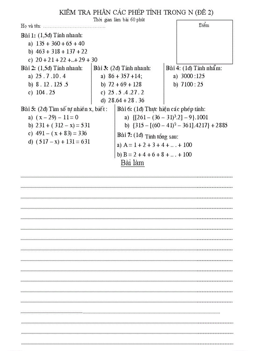 Đề 2 Đáp án kiểm tra phần các phép tính trong N