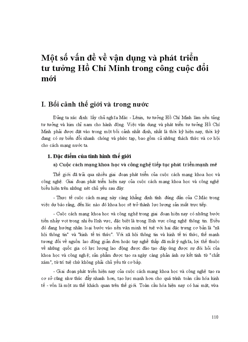 Vận dụng và phát triển tư tưởng Hồ Chí Minh trong công cuộc đổi mới lí luận và thực tiễn