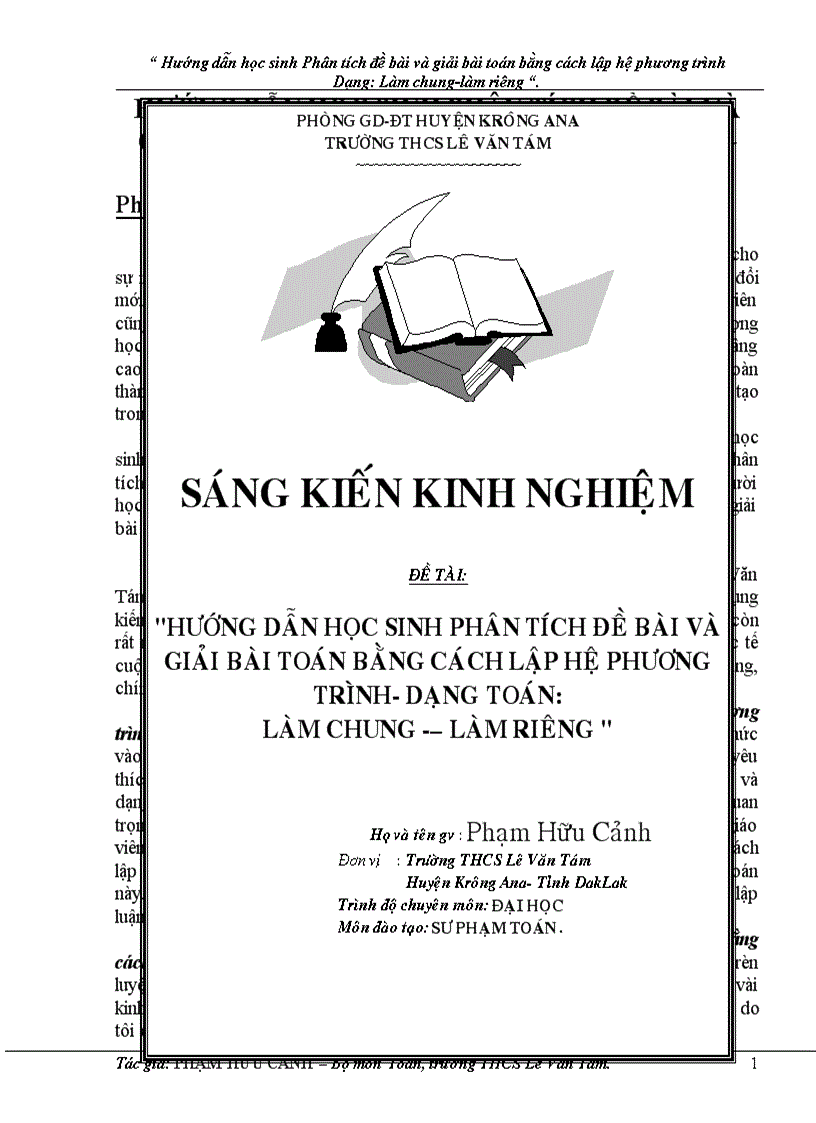 Hướng dẫn học sinh phân tích đề bài và giải bài toán bằng cách lập hệ phương trình dạng làm chung làm riêng