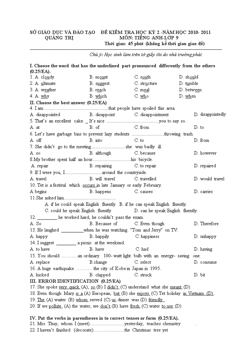 Đề thi học kì toán lớp 9 năm 2011