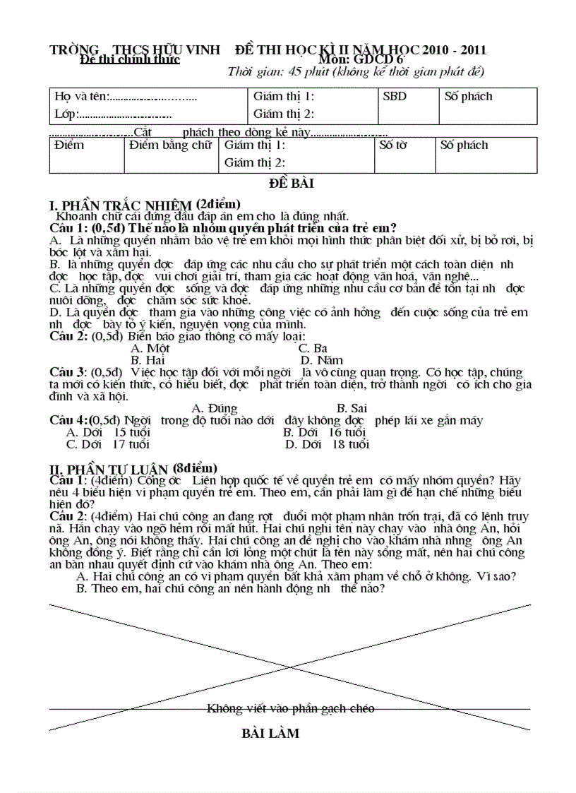 Đề thi học kì II năm học 2010 2011 Môn GDCD 6