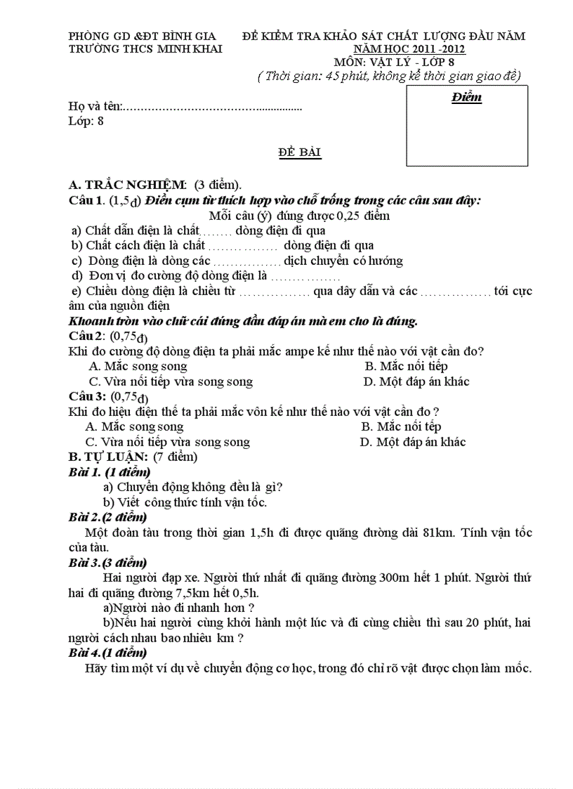 Đề kiểm tra khảo sát chất lượng đầu năm năm học 2011 2012 môn Vật lý lớp 8