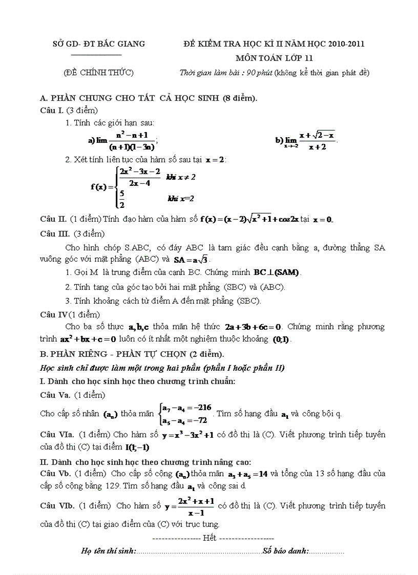Đề kiểm tra học kì ii năm học 2010 2011 môn toán lớp 11