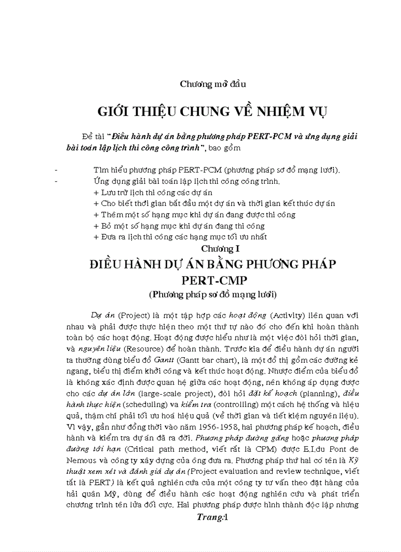 Điều hành dự án bằng phương pháp pert pcm và ứng dụng giải bài toán lập lịch thi công