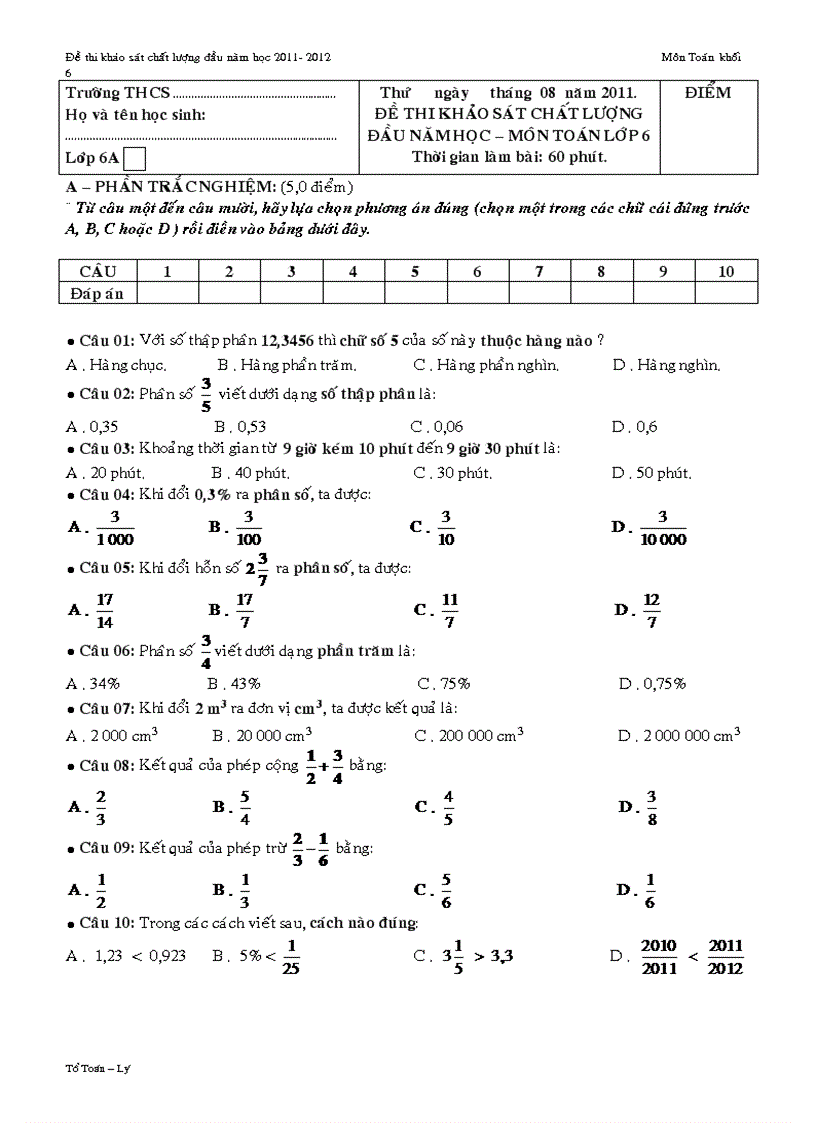 Đề đáp án khảo sát chất lượng đầu năm môn toán lớp 6 bình định