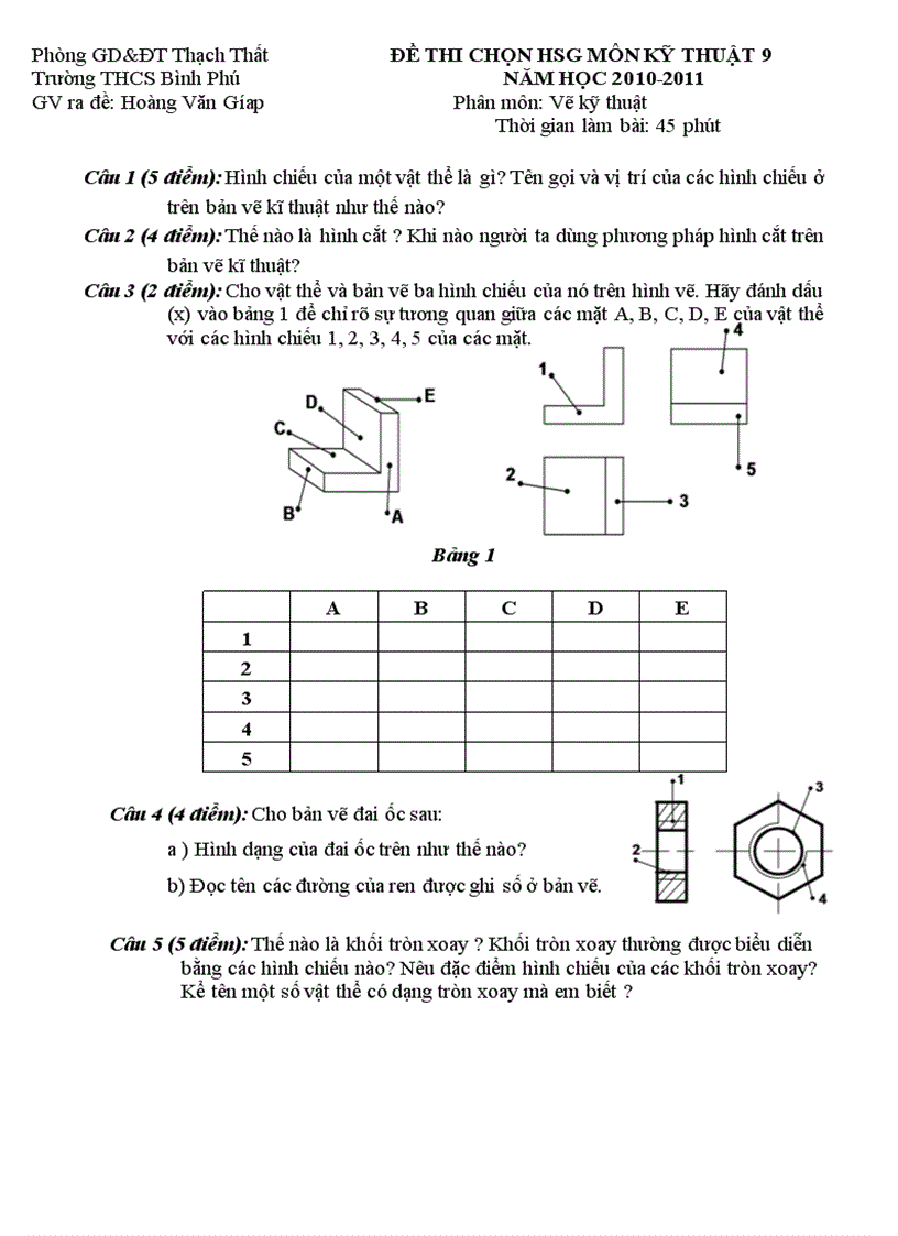 ĐỀ THI CHỌN HSG MÔN KỸ THUẬT 9 NĂM HỌC 2010 2011 Phân môn Vẽ kỹ thuật