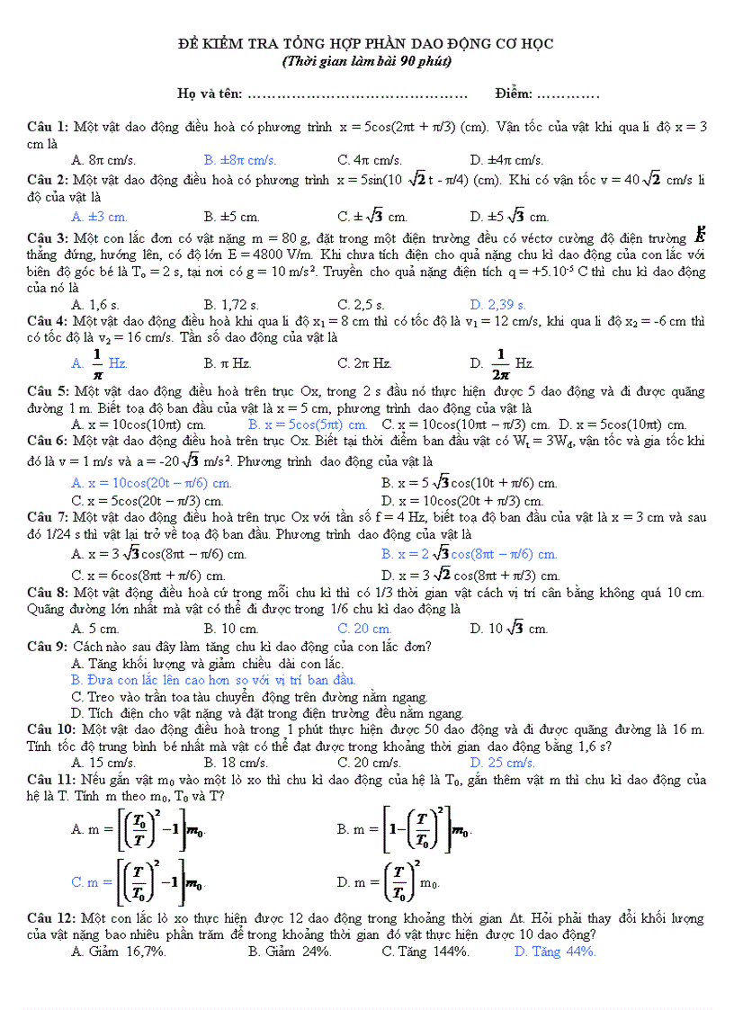 Đề kiểm tra tổng hợp phần dao động cơ học