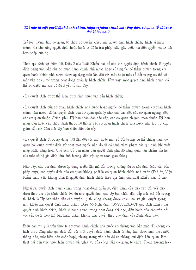 Thế nào là một quyết định hành chính hành vi hành chính mà công dân cơ quan tổ chức có thể khiếu nại