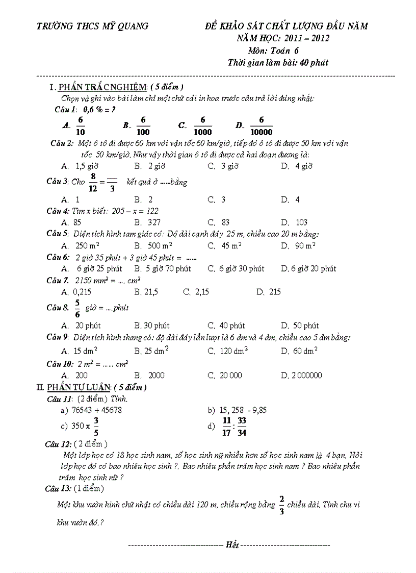 Đề thi và đáp án khảo sát chất lượng môn toán năm học 2011 2012