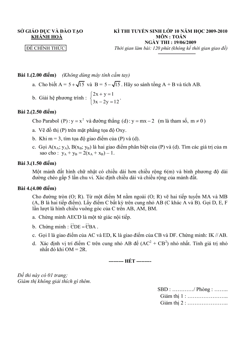 Đề thi và đáp án môn Toán thi tuyển sinh vào lớp 10 năm học 2009 2010 tỉnh Khánh Hòa