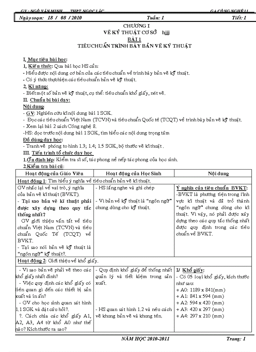 Giáo án môn công nghê lớp 11