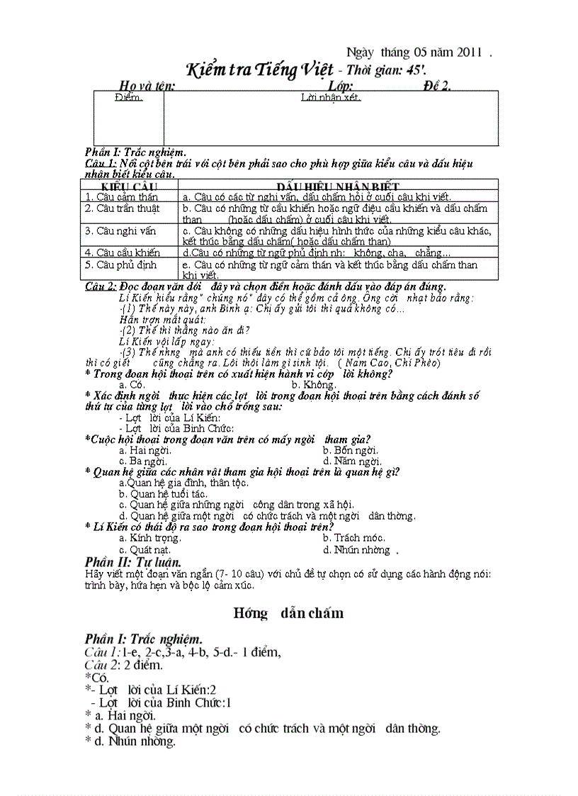 Đề kiểm tra tiếng việt năm 2011