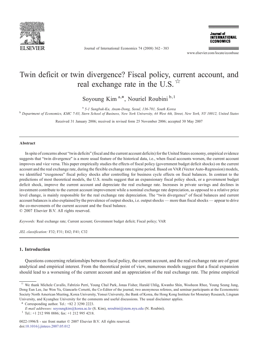 Twin deficit or twin divergence Fiscal policy current account and real exchange rate in the U S