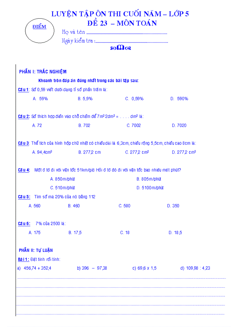 Luyện tập ôn thi cuối năm lớp 5 đề 23 môn toán