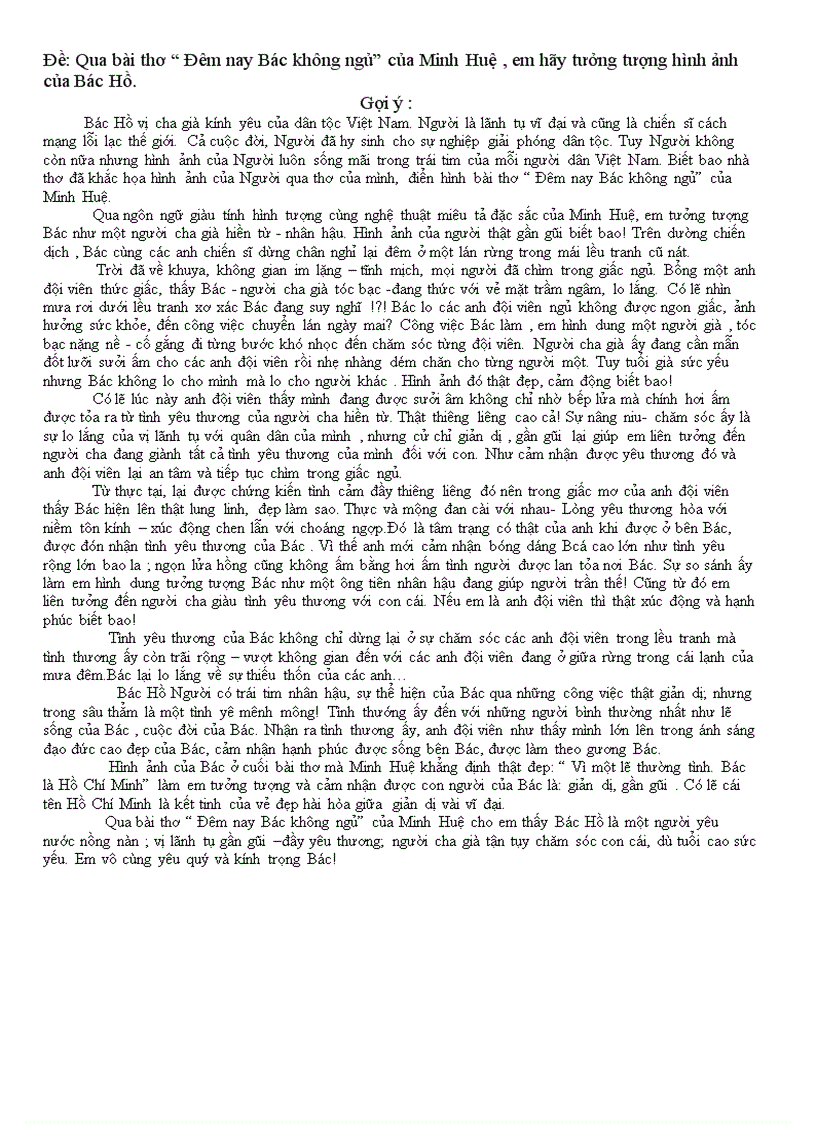 Đề Qua bài thơ Đêm nay Bác không ngủ của Minh Huệ em hãy tưởng tượng hình ảnh của Bác Hồ
