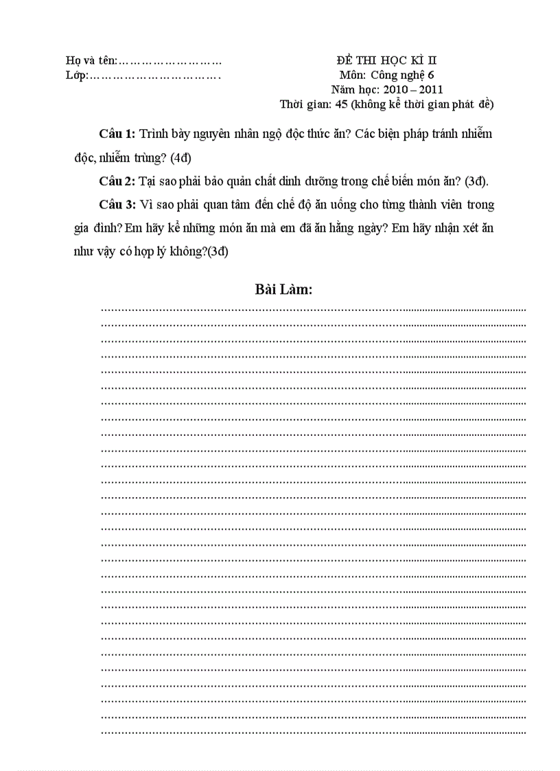 ĐỀ THI HỌC KÌ II Môn Công nghệ 6 Năm học 2010 2011