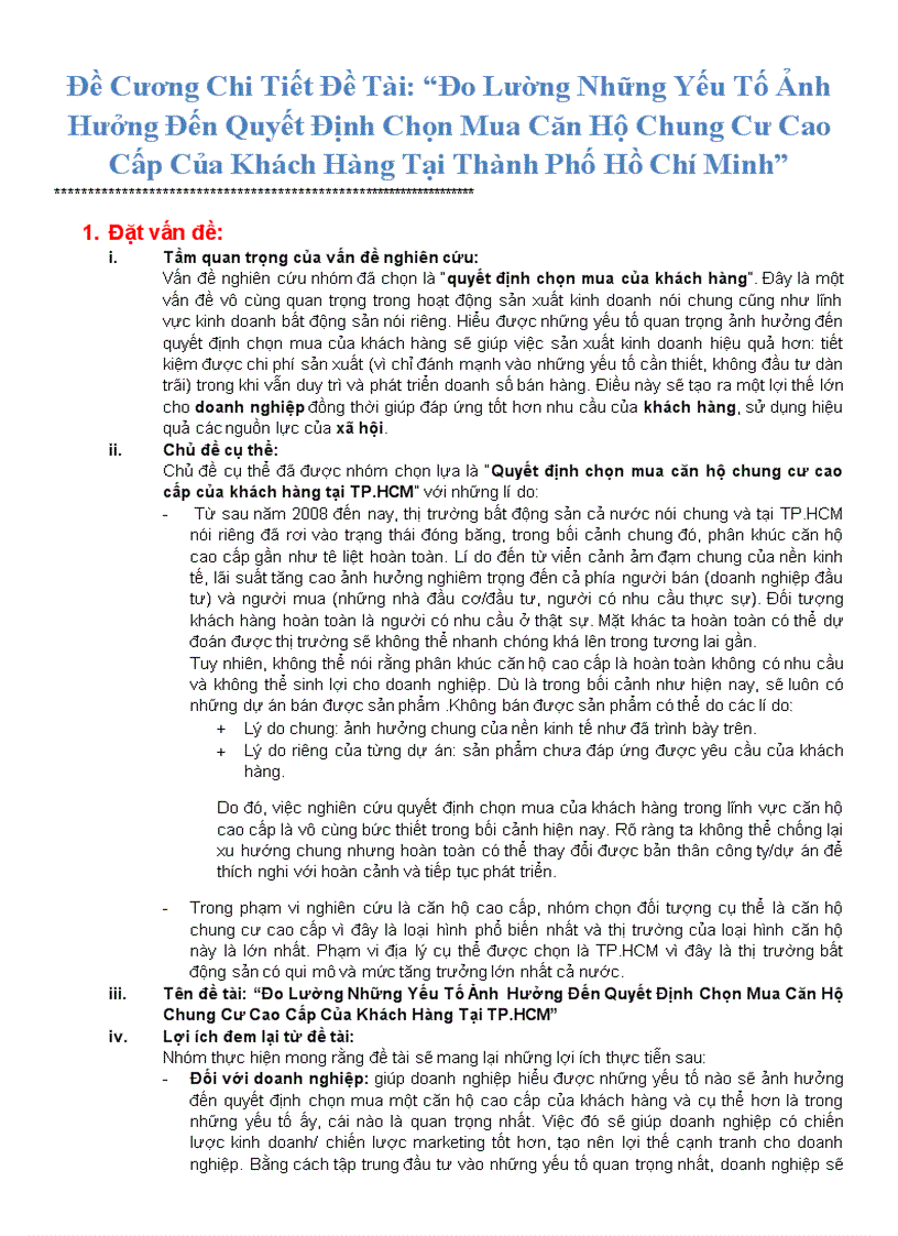 Đề cương chi tiết Đo Lường Những Yếu Tố Ảnh Hưởng Đến Quyết Định Chọn Mua Căn Hộ Chung Cư Cao Cấp Của Khách Hàng Tại Thành Phố Hồ Chí Minh