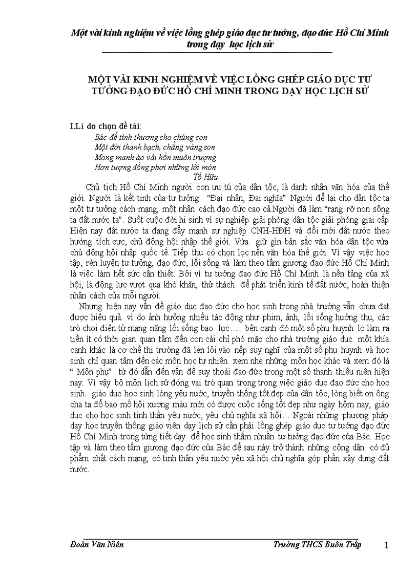 Một vài kinh nghiệm về việc lồng ghép giáo dục tư tưởng đạo đức hồ chí minh trong dạy học lịch sử