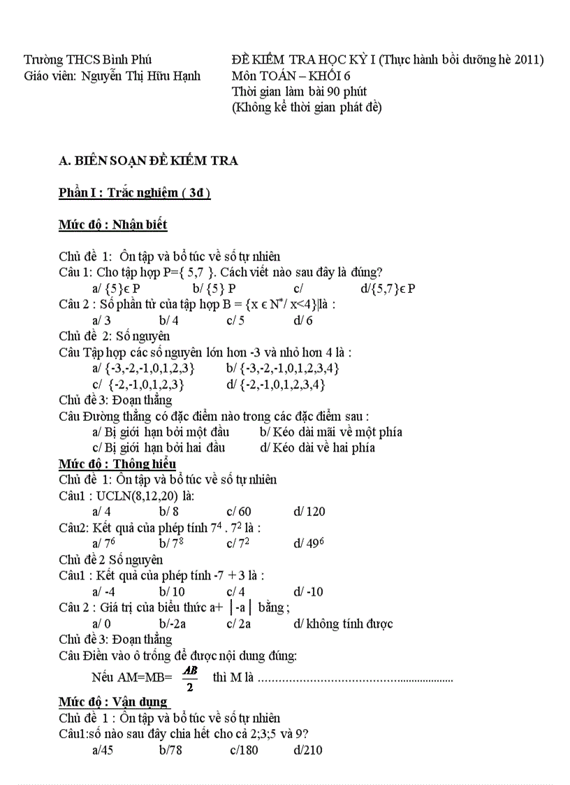 Đề kiểm tra hk i thực hành bồi dưỡng hè 2011