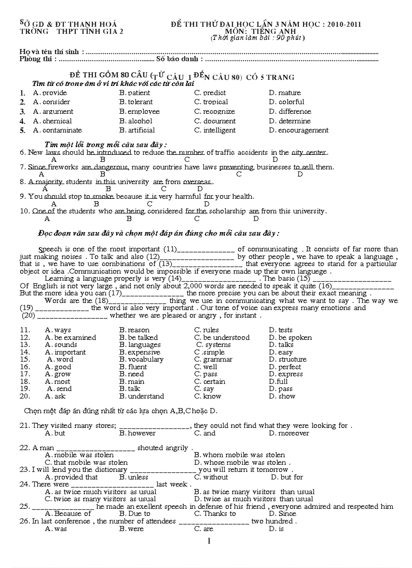 Đề thi thử đại học lần 3 năm học 2010 2011 môn tiếng anh m n tiÕng anh