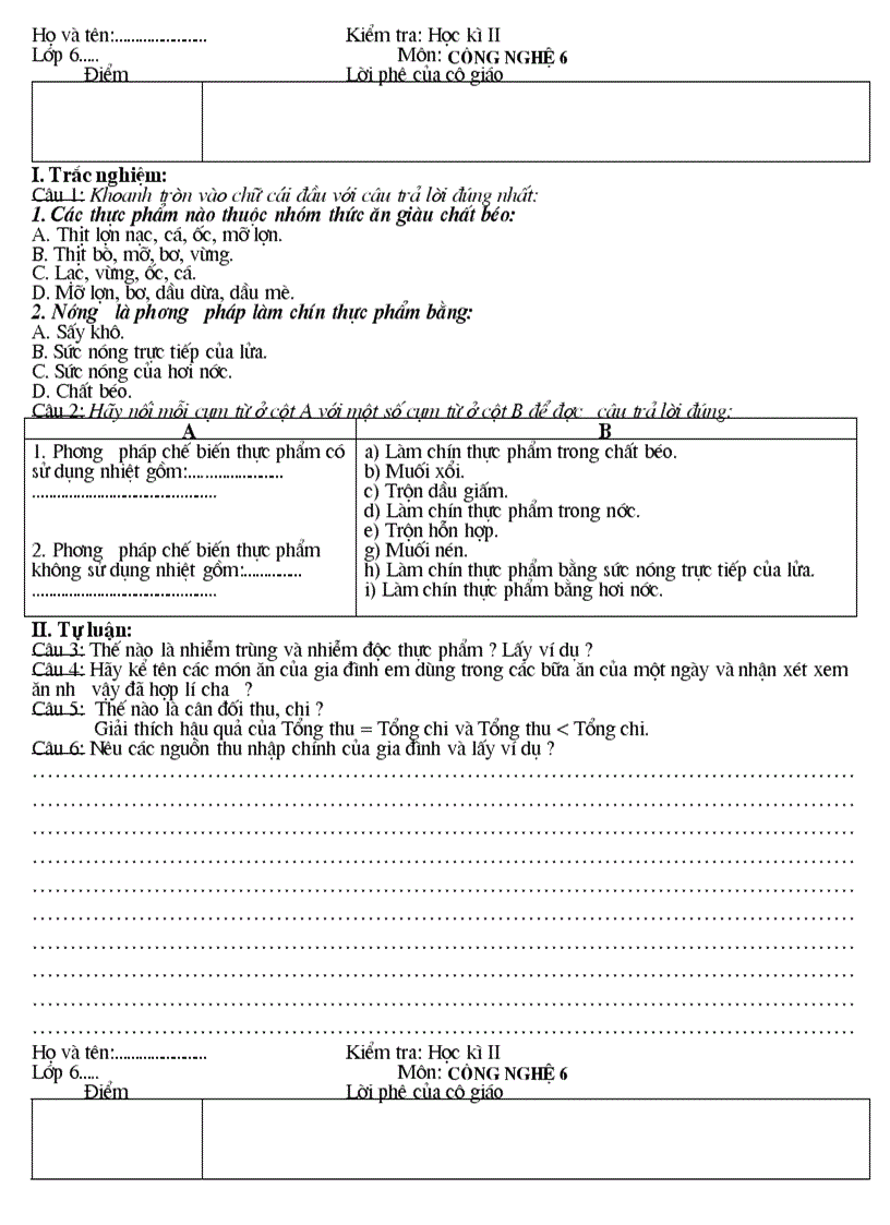 Đề kiểm tra công nghệ 6 năm 2007