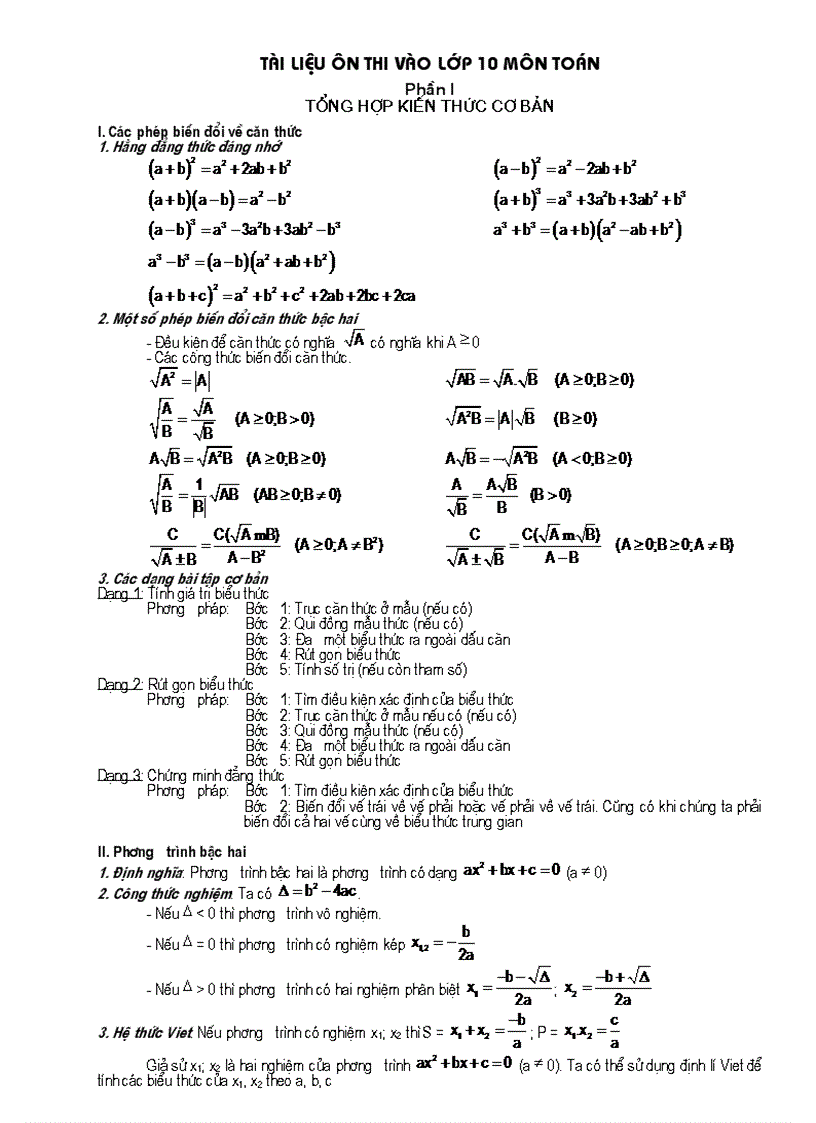 Tài liệu ôn thi môn toán