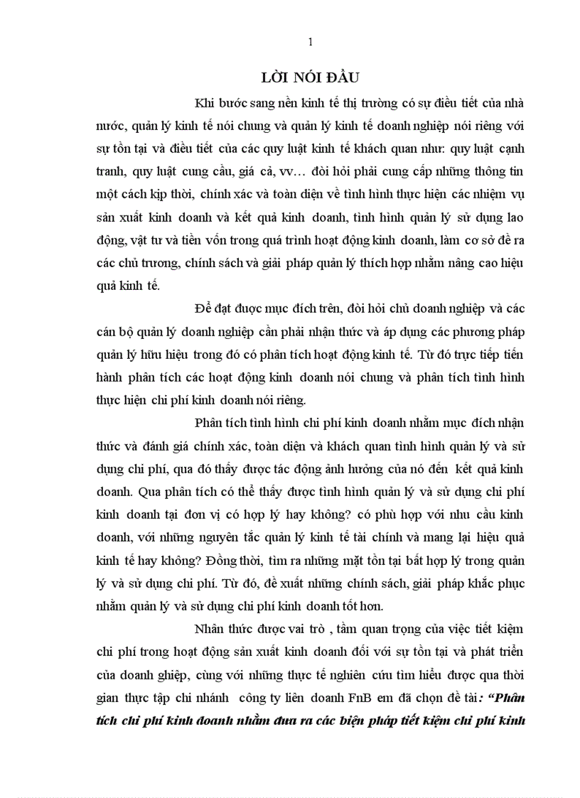 Phân tích tình hình chi phí kinh doanh nhằm đưa ra các biện pháp tiết kiệm chi phí tại chi nhánh giao dịch công ty liên doanh FnB