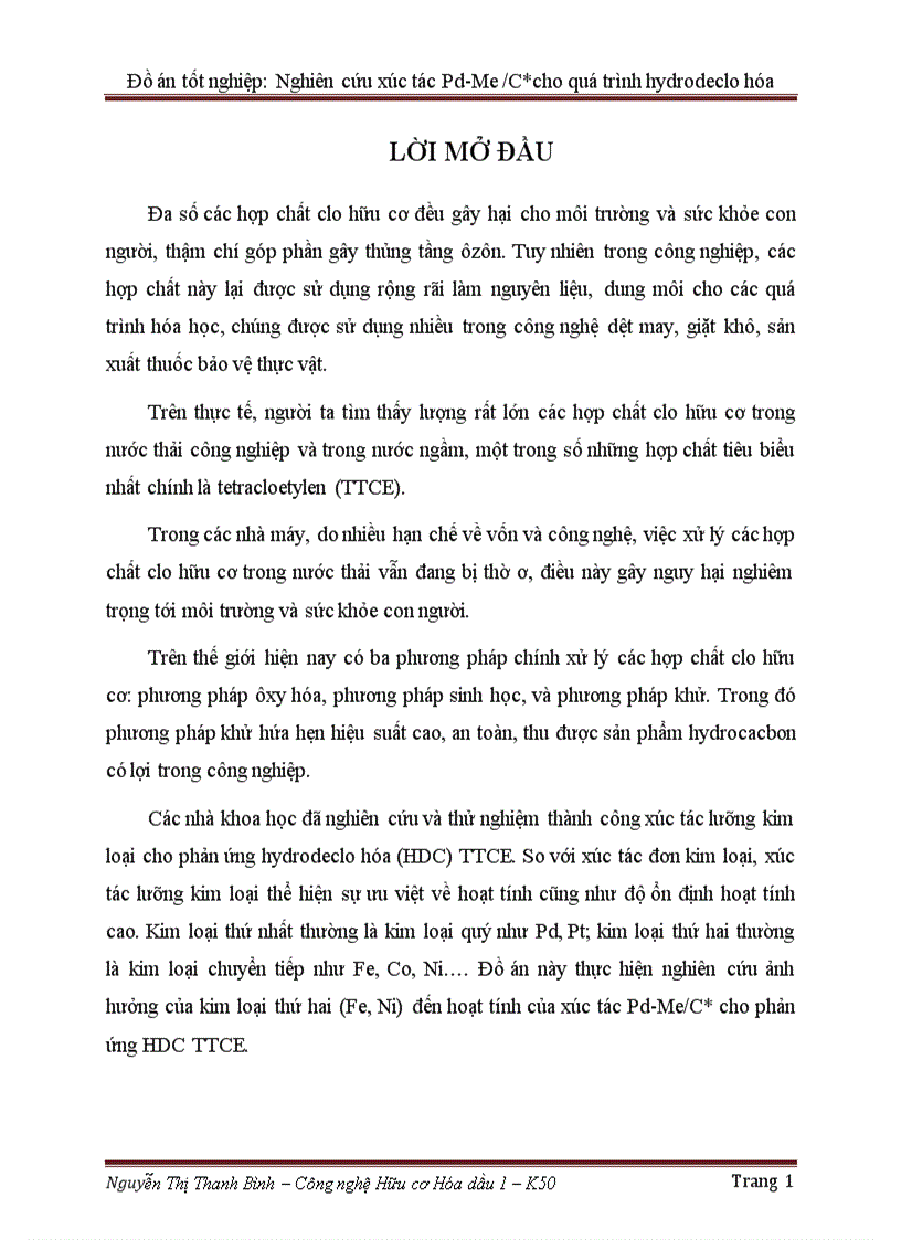 Nghiên cứu xúc tác Pd Me C cho quá trình hydrodeclo hóa 52 trang