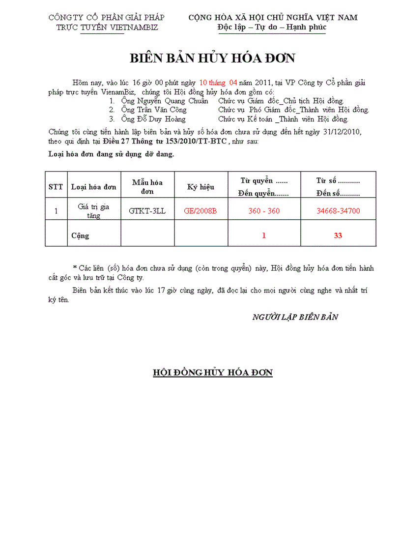 Thông báo kết quả hủy hoá đơn Mẫu số 3 11 Phụ lục 3 Thông tư 153
