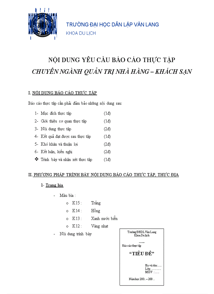 Nội dung yêu cầu cho bài báo cáo thực tập khoa du lịch