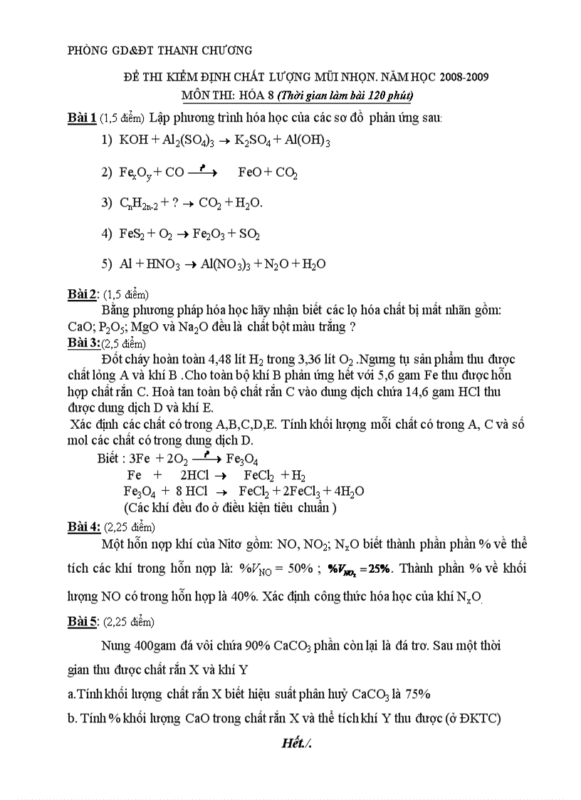 ĐỀ THI KIỂM ĐỊNH CHẤT LƯỢNG MŨI NHỌN NĂM HỌC 2008 2009 MÔN THI HÓA 8 Thời gian làm bài 120 phút